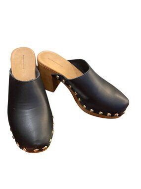 Anthropologie wms black leather 3.5" block heeled clogs shoes sz 9 SKU 10-024